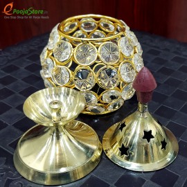Akhanda Diya / Oil Lamp For Puja, Home decor and Diwali, Matka Shape, Brass & Crystal Diya 